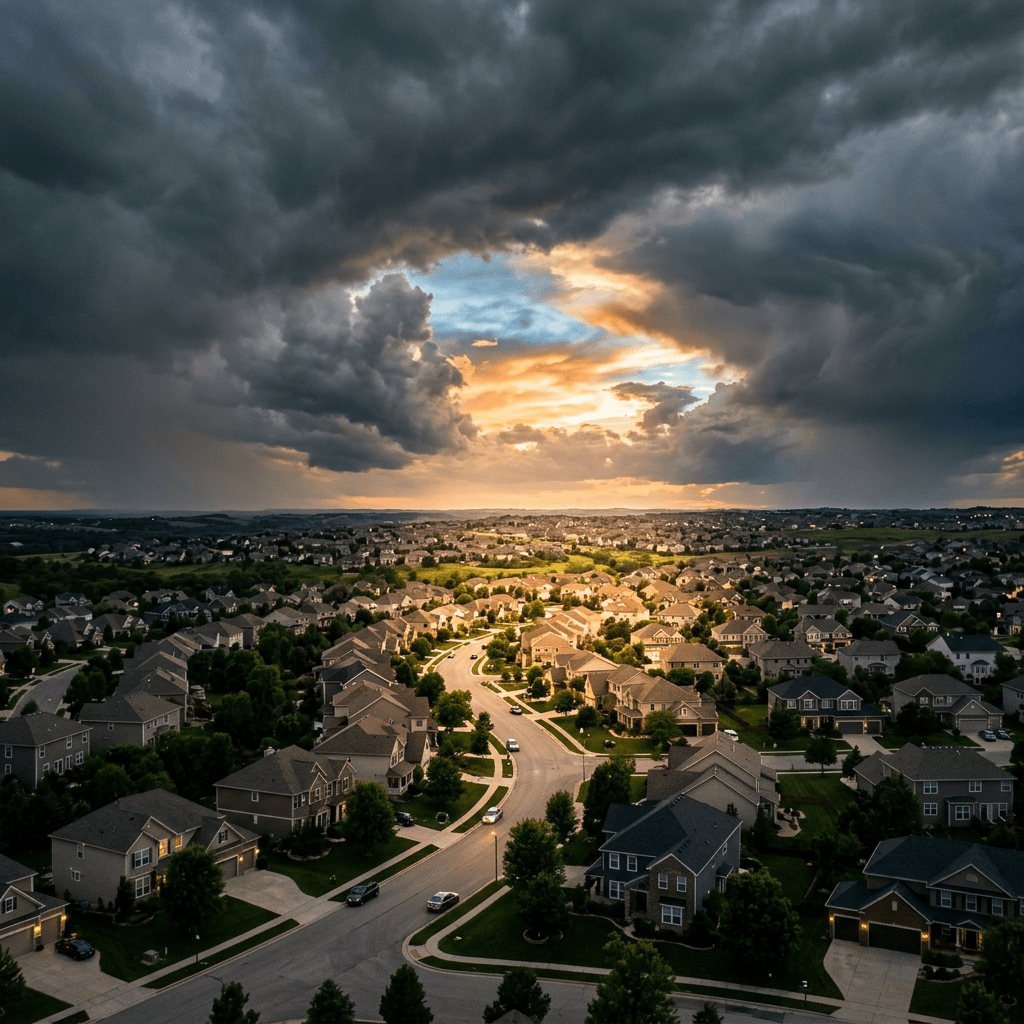Suburban neighborhood with houses, winding road, and dramatic sunset sky with dark clouds