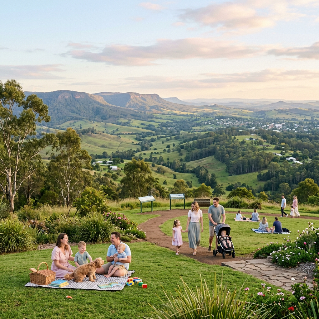 Families having picnics and walking in a grassy park with mountains in the background