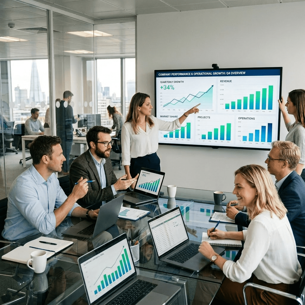 Team in a conference room reviewing quarterly growth and revenue charts