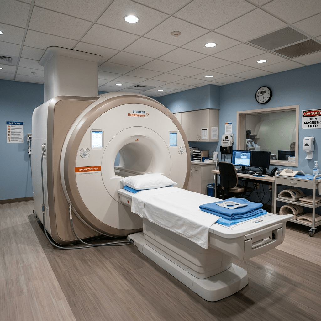 MRI scanner with patient table and control monitors in a clinical setting