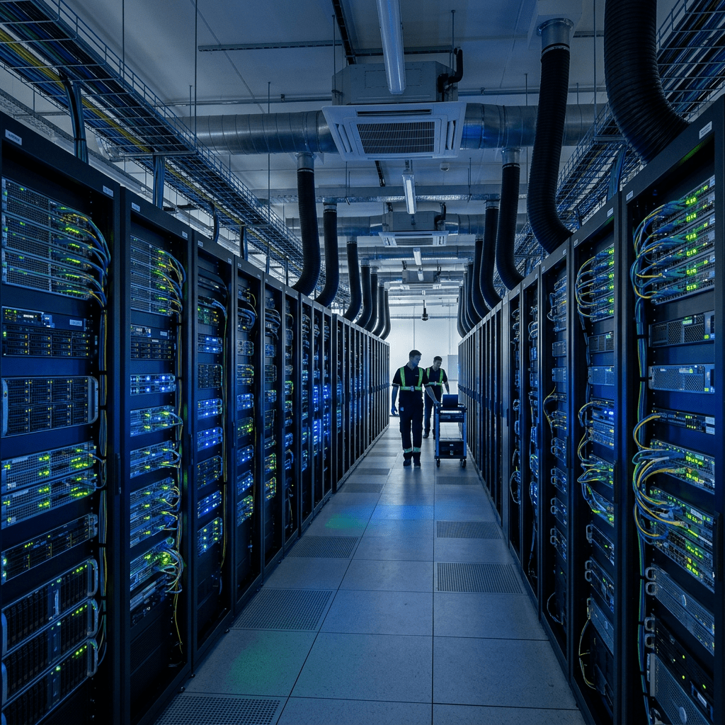 Technicians walking between rows of illuminated server racks in a data center