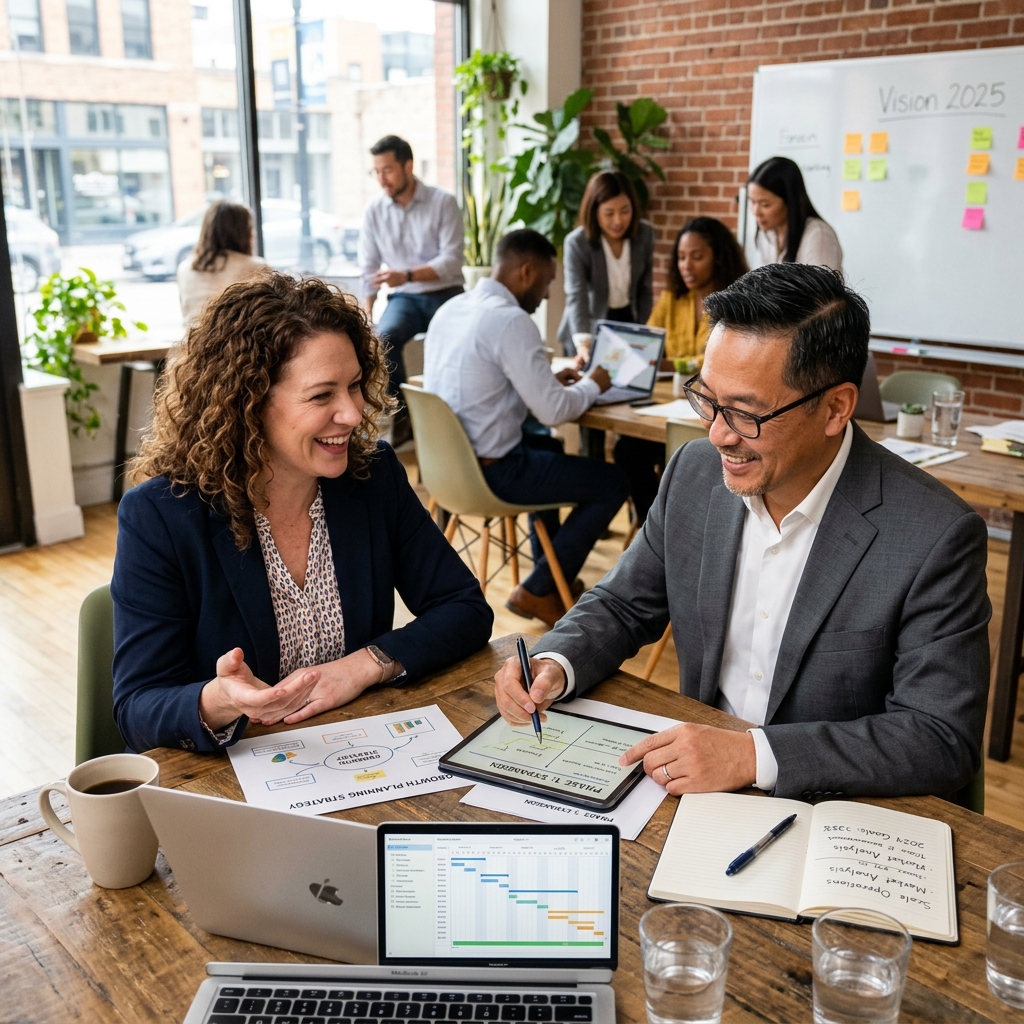 Two business professionals discussing growth planning strategy and roadmap documents