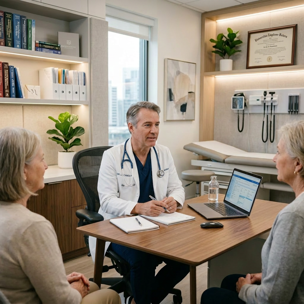 Doctor consulting two elderly patients in medical office
