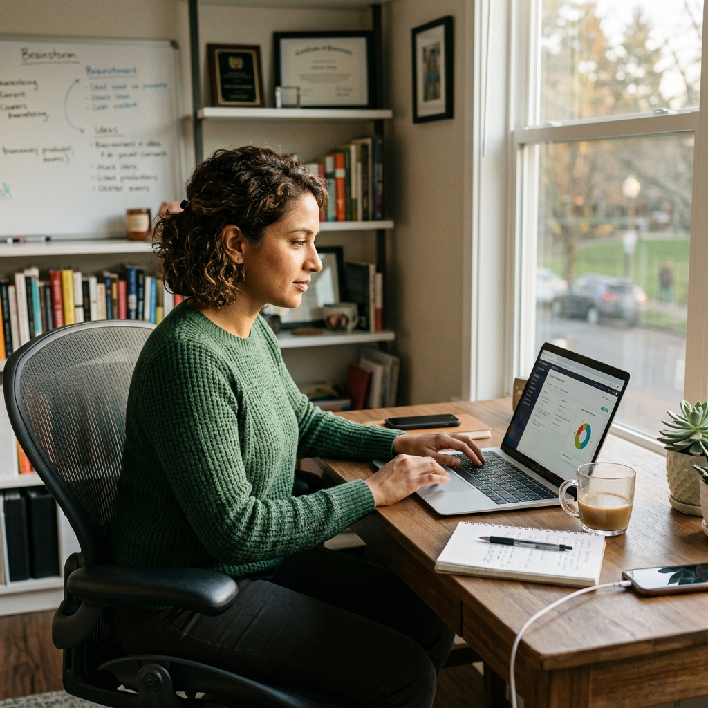 Self-employed professional working on laptop