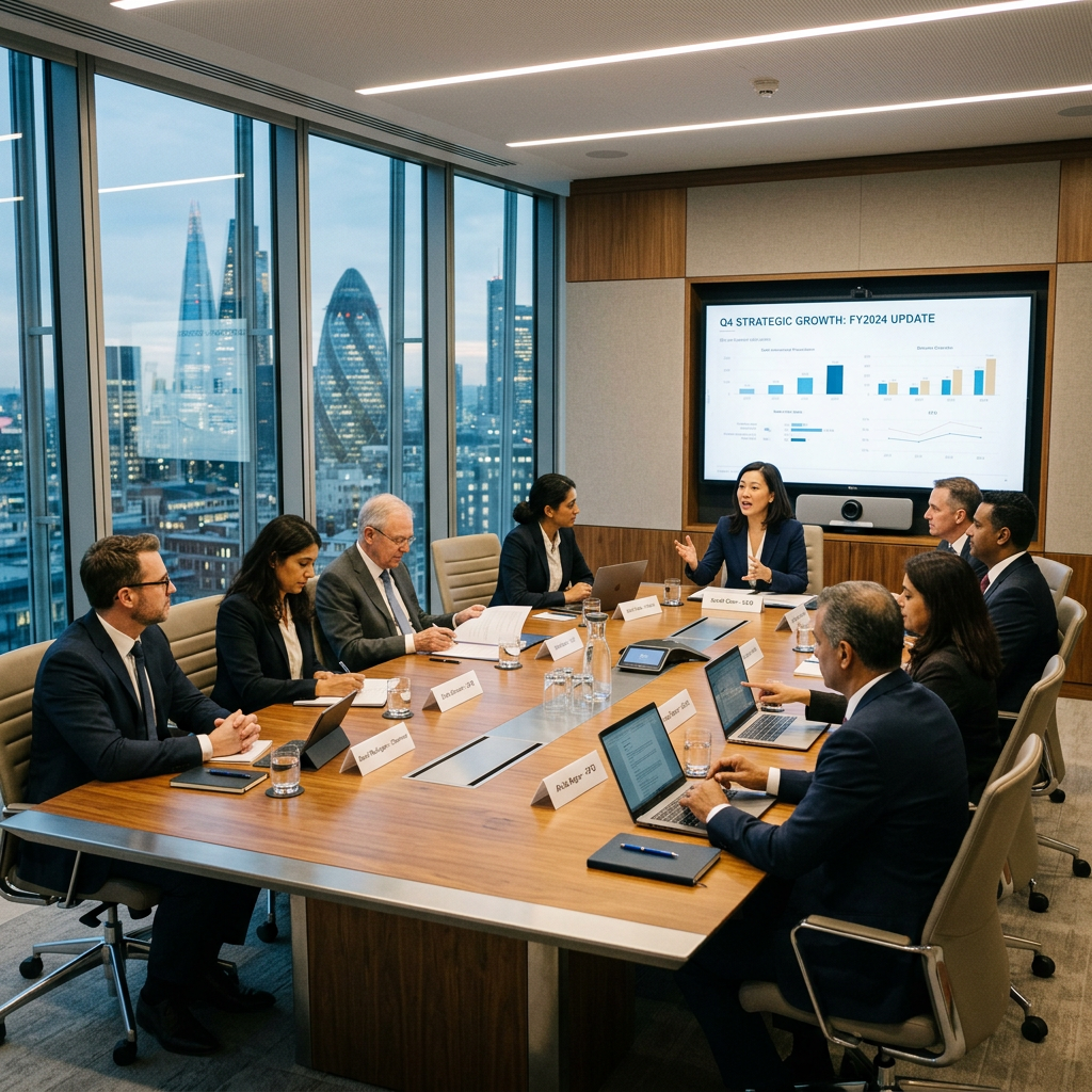 Executives seated around a conference table reviewing a Q4 strategic growth presentation