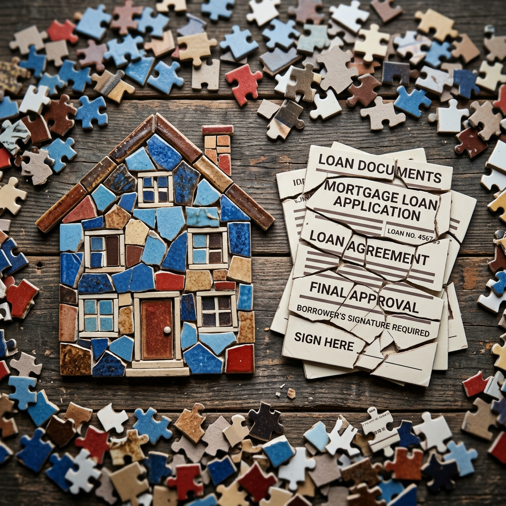 Broken puzzle pieces forming house and loan documents
