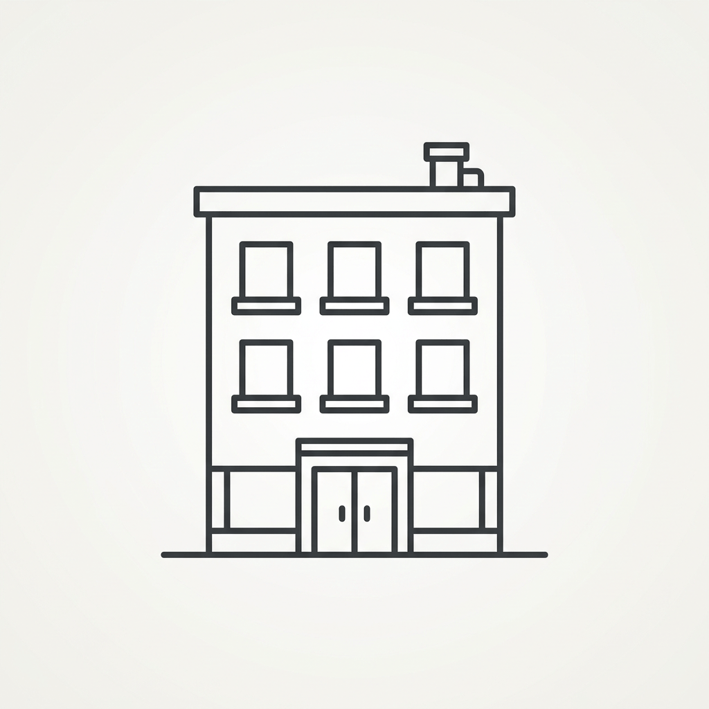 Outline of a three-story building with six windows and double door