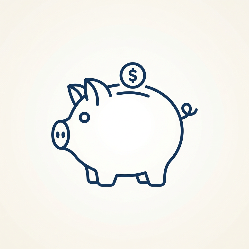 Outline of a piggy bank with a coin featuring a dollar sign