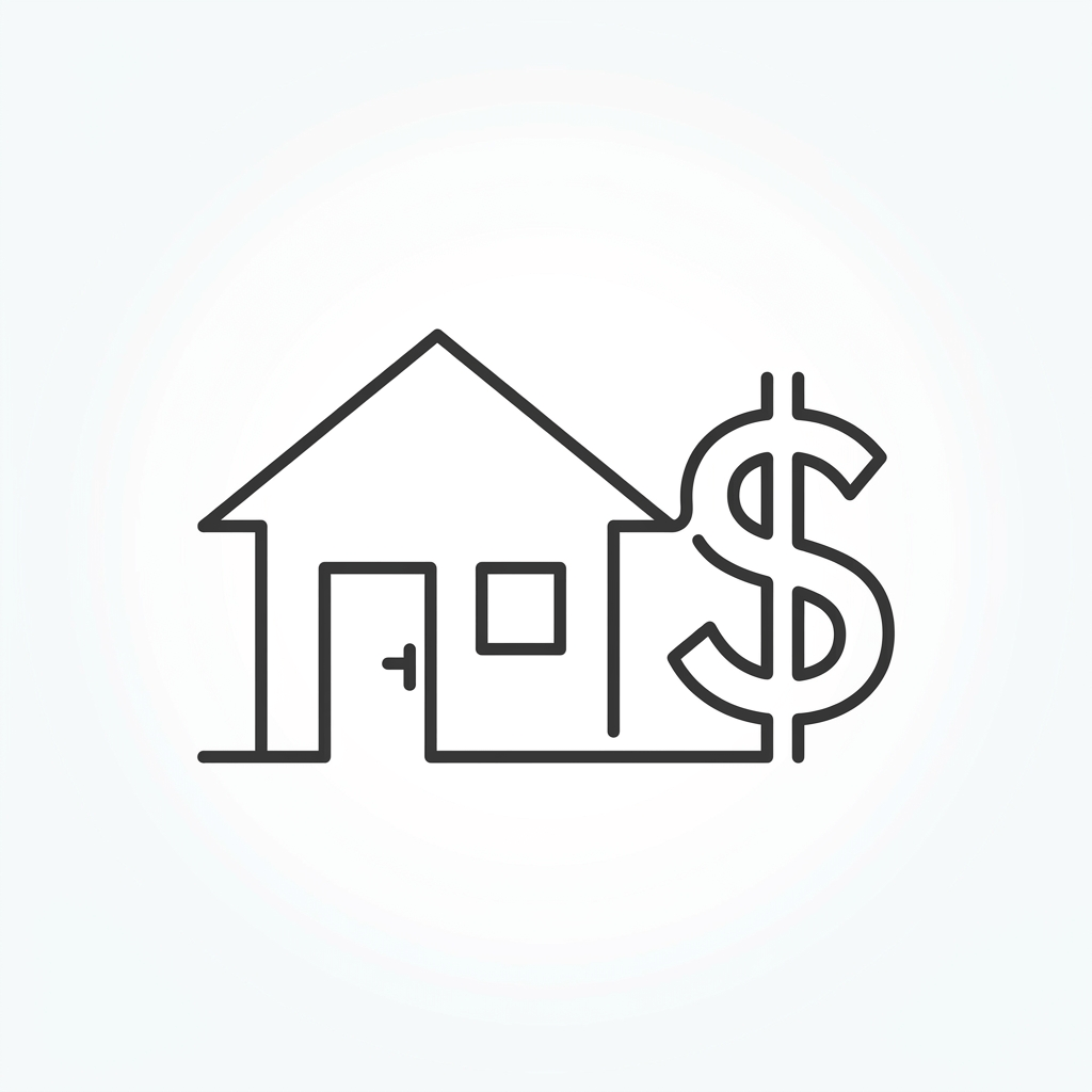 Outlined house with a dollar sign next to it symbolizing real estate value