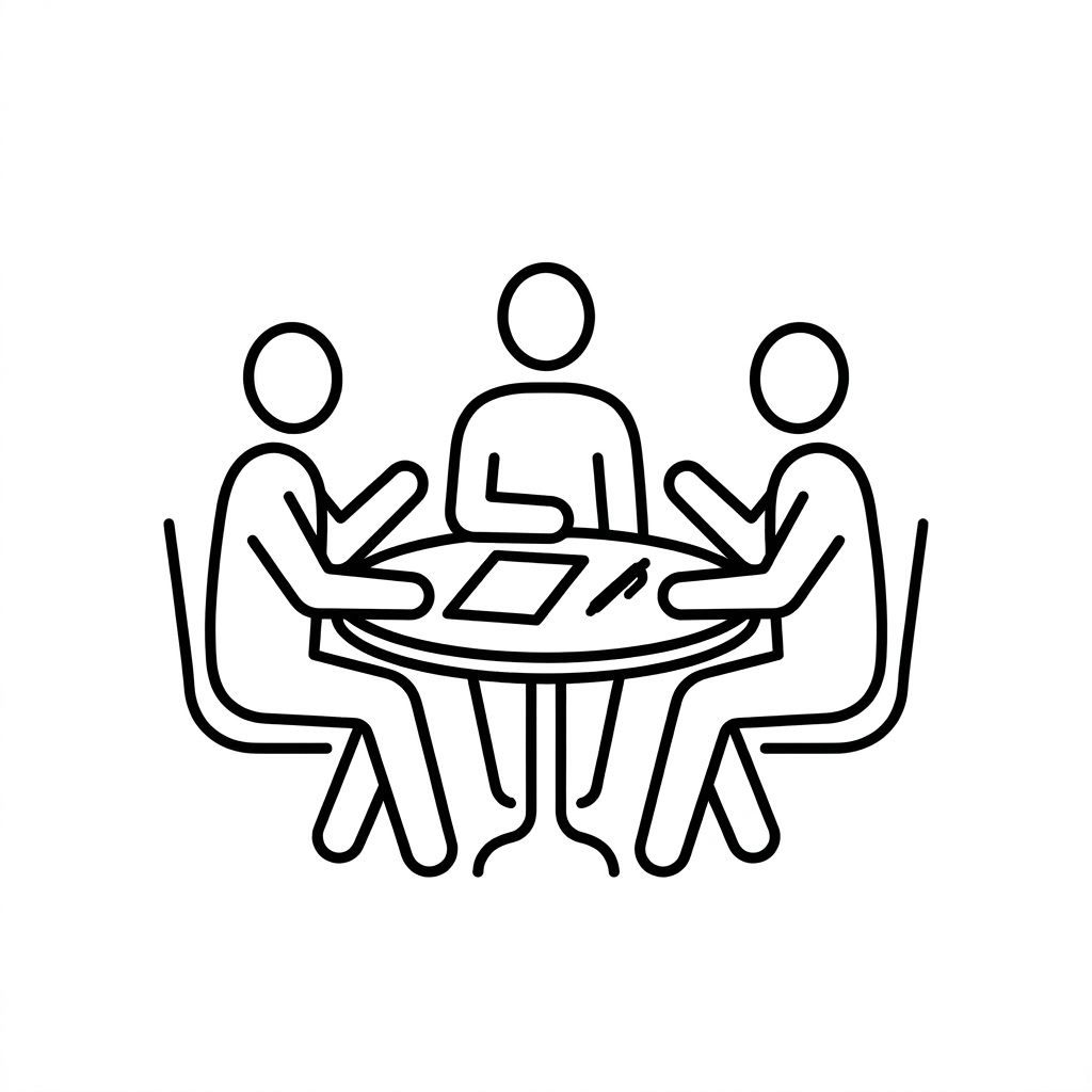 Three figures sitting at a round table talking with speech bubbles
