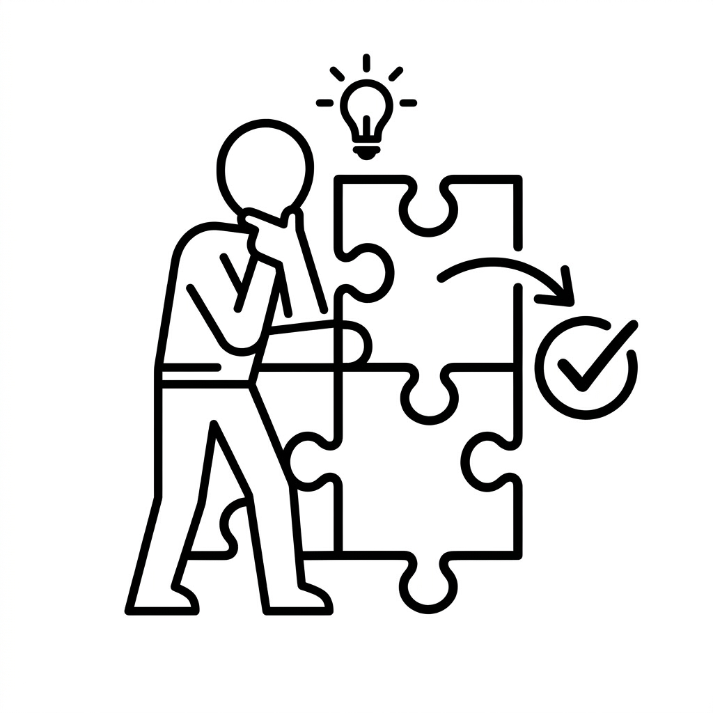 A puzzle piece containing a light bulb with lines indicating light, an arrow pointing to a checkmark in a circle