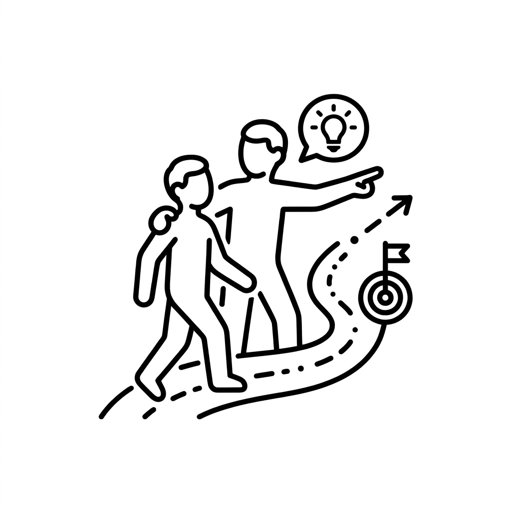 Two people walking on a path; one person guides the other towards a target with a flag and an idea lightbulb above.