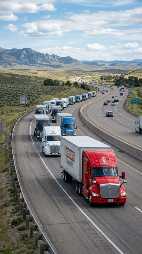 Convoy of semi trucks driving on divided highway with mountainous landscape