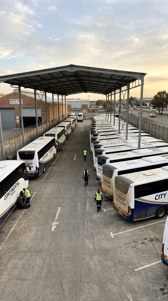 City Link and Continental buses parked at depot with workers performing maintenance
