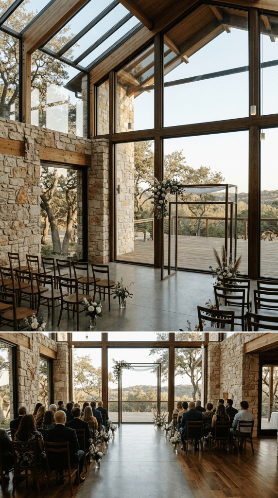 Indoor wedding venue with stone walls, large wood-framed windows, floral arrangements, and guests seated