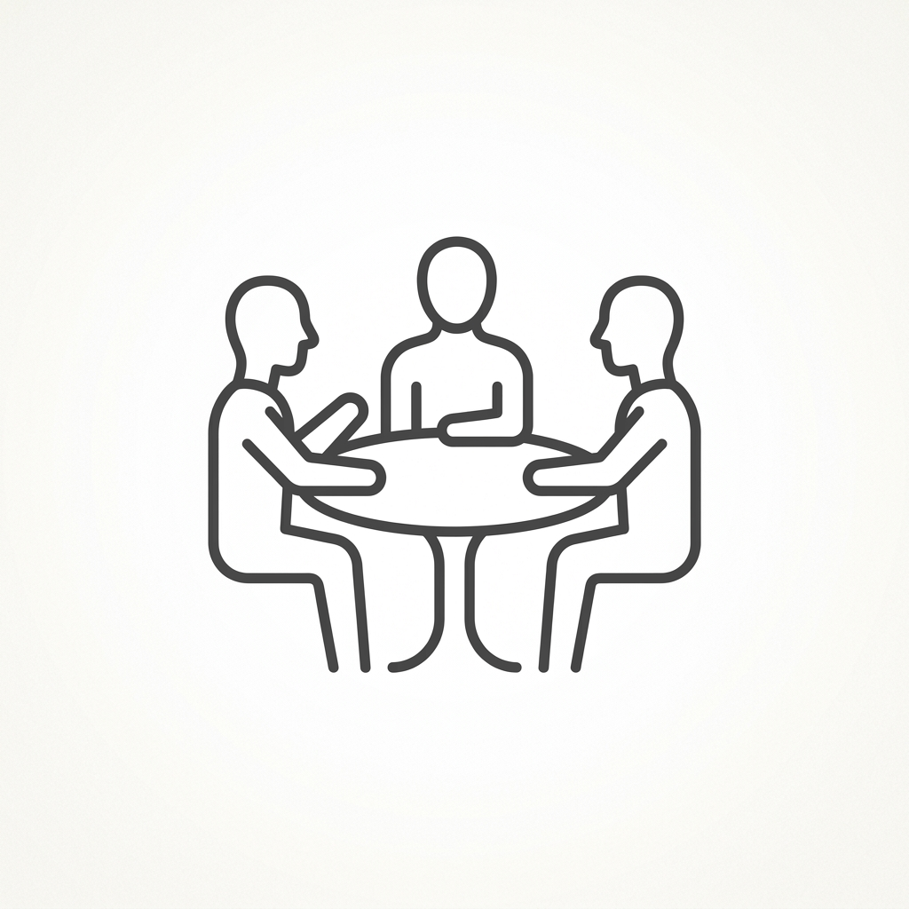 Three stylized figures sitting around a round table