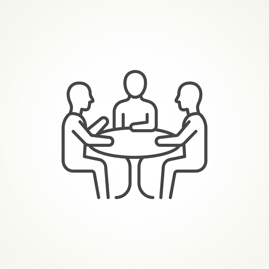 Three stylized figures sitting around a round table