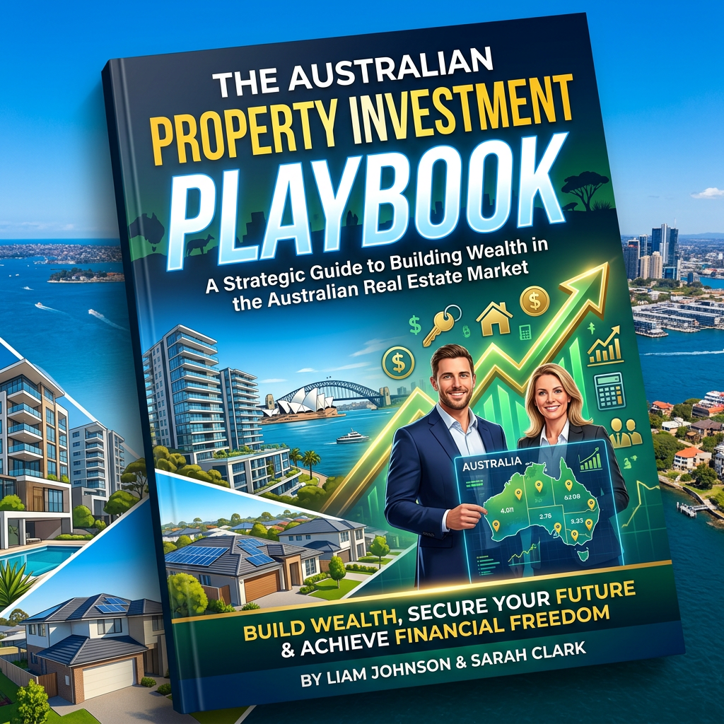Book cover titled The Australian Property Investment Playbook with illustrations of property, a city skyline, and two people holding a map of Australia showing investment data