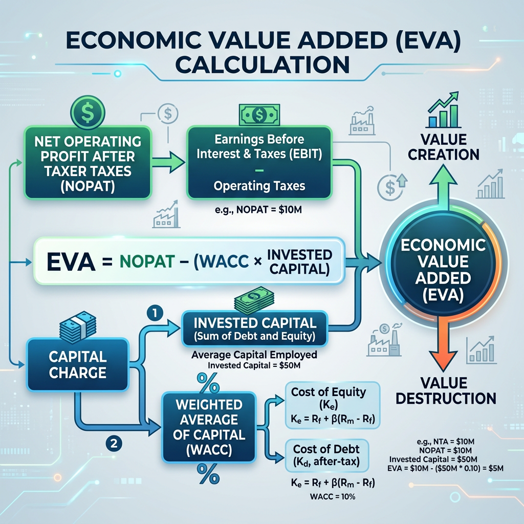 EVA formula showing NOPAT minus WACC times invested capital, yielding $5 million