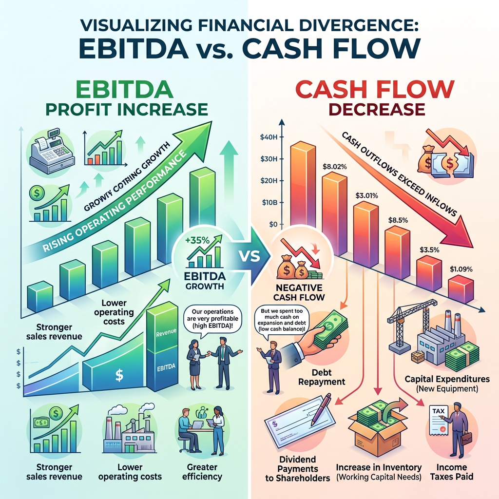Infographic comparing EBITDA growth with negative cash flow and declining inflows