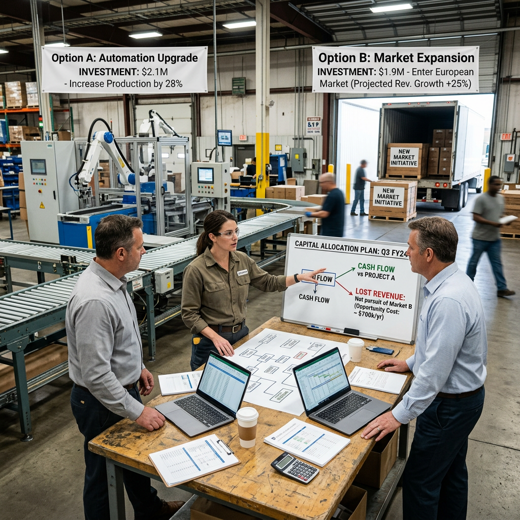 Factory managers review automation and market expansion plans; signs read Option A: Automation Upgrade, Investment: $2.1M, Increase Production by 28%, and Option B: Market Expansion, Investment: $1.9M, Enter European Market, Projected Rev. Growth +25%.