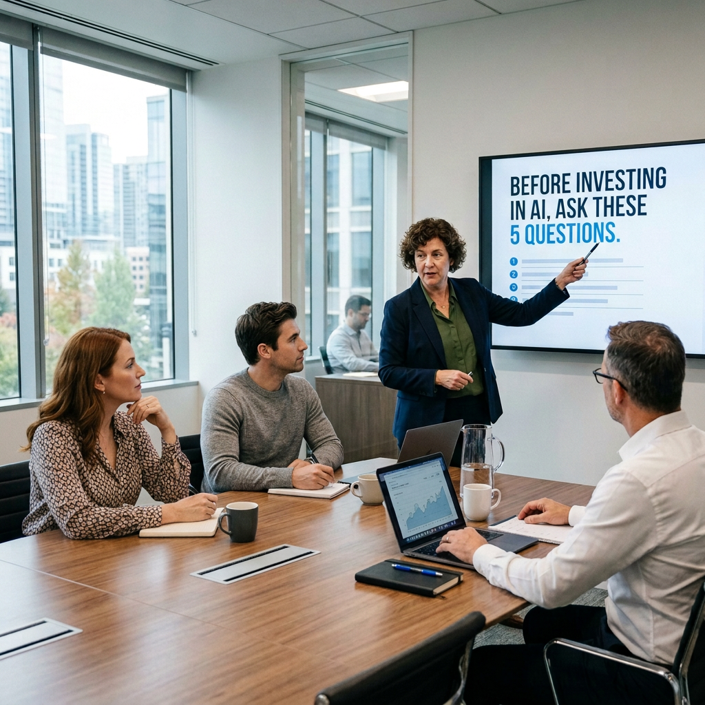 Presenter points to screen reading “Before investing in AI, ask these 5 questions.”
