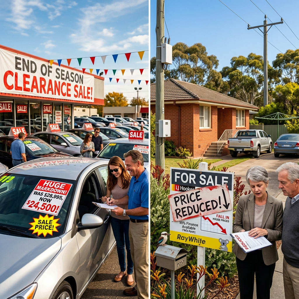 Split image showing a car clearance sale and a reduced-price home sale