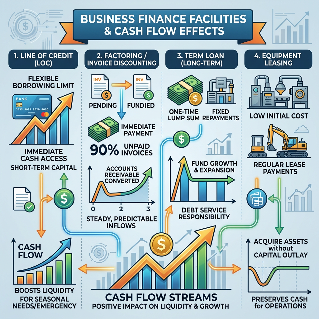 Infographic comparing line of credit, invoice factoring, term loans, and equipment leasing